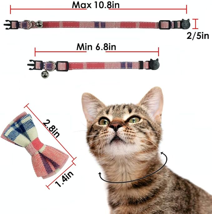 Cat Collar Breakaway with Bell and Bow Tie, Plaid Design Adjustable Safety Kitty Kitten Collars Set of 2 PCS (6.8-10.8in) (Pink&Blue Plaid)