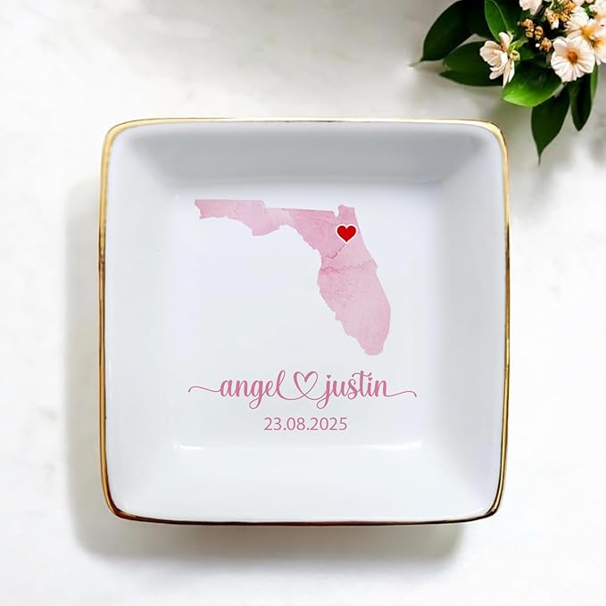 Custom State Location Map Engaged Ring Dish, Ring Holder Dish Engagement Gift, Jewelry Tray Gifts for Newly Engaged Couple, Trinket Dish for Her Bride Wife Bestie