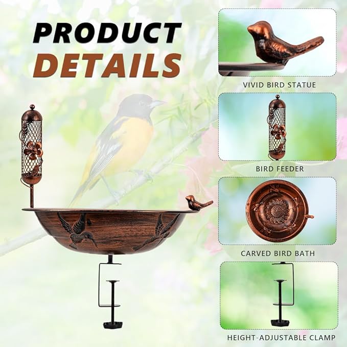 DREAMSOUL 13" Dia Deck Mounted Bird Bath with Clamp, Metal Bird Bath and Feeder Detachable Unheated Birdbath for Deck Railing