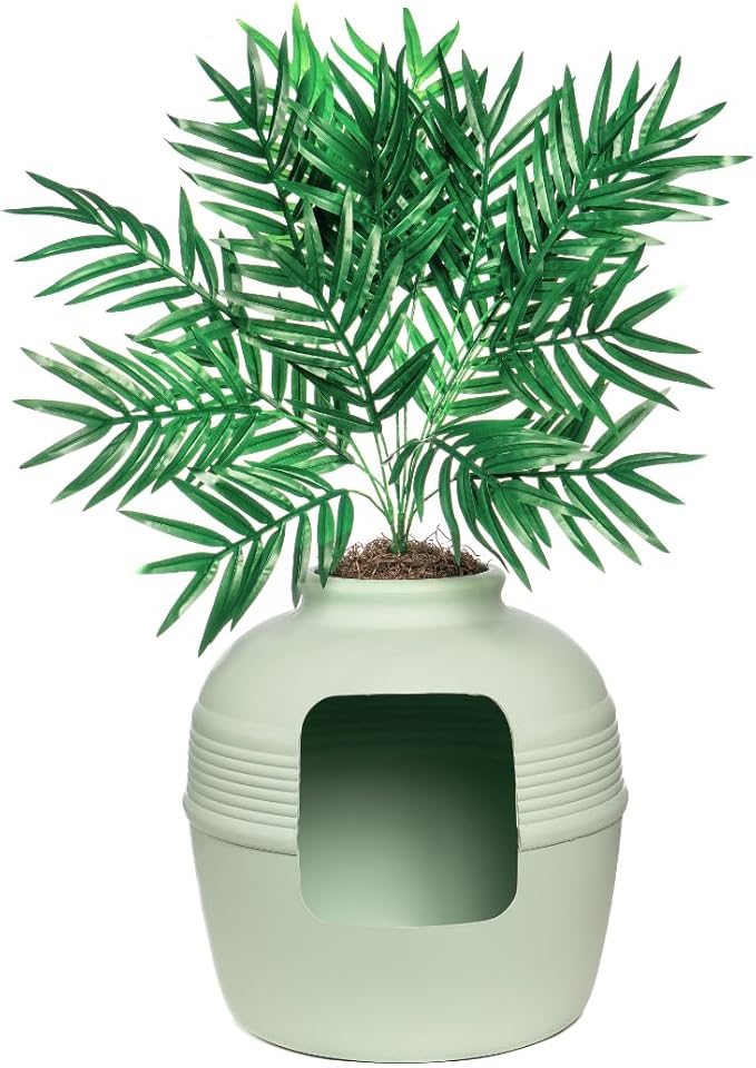 Good Pet Stuff Hidden Litter Box Planter, Decorative Cat Litter Enclosure with Carbon Filter, Artificial Plant, Easy Clean, Indoor Design, Original Round Style, Base Kit, Seagrass Green