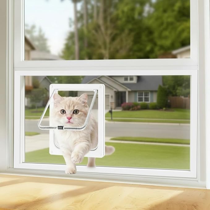 Cat Door for Window, 4 Locking Modes for Safety Cat Window Door, Fits 14"-28" Width Window, Durable Weatherproof design Cat Door, Magnetic Closure, Wider View, Pet Door With Safe & Comfortable for Cat