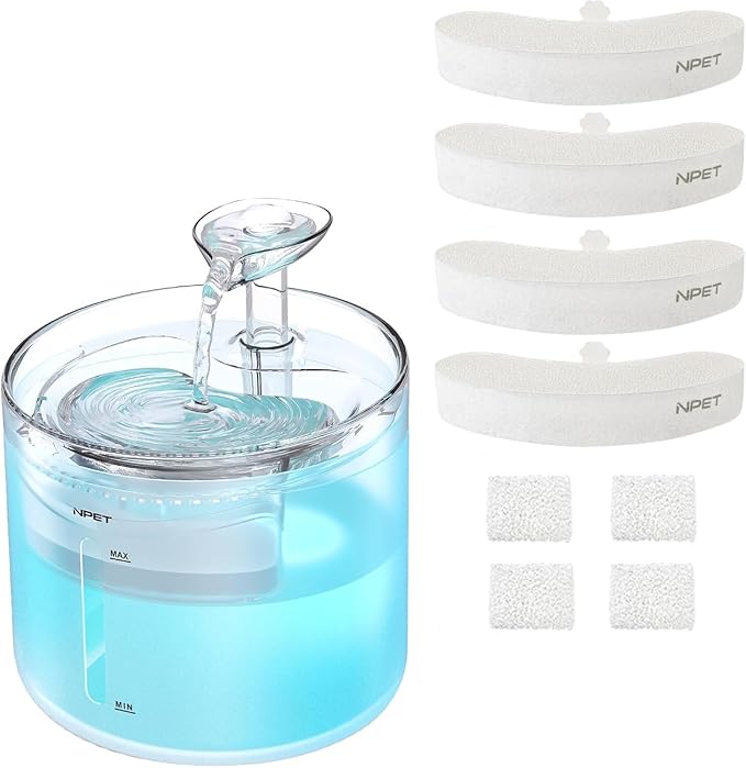 NPET WF100 Cat Fountain, 54oz/1.6L Automatic Pet Water Fountain Dog Water Dispenser with LED Light Quiet Pump for Cats & Small Dogs(Fountain+4 Filters +4 Sponges, White)