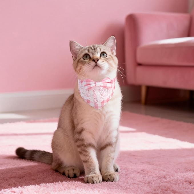 EXPAWLORER Cute Cat Collar Breakaway with Bells - 2 Pack Adjustable Plaid Pet Collar with Removable Bow Tie and Bandana, Safety Buckle for Girl Boy Cats Kitten, Pink Plaid
