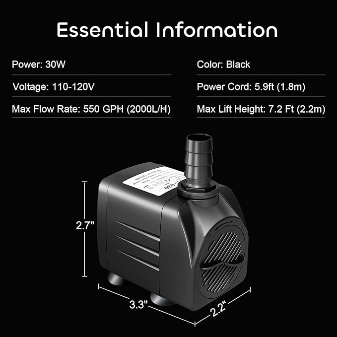 GROWNEER 550GPH Submersible Pump 30W Fountain Water Pump, 2000L/H, with 7.2ft High Lift, 3 Nozzles for Aquarium, Fish Tank, Pond, Hydroponics, Statuary, Pool