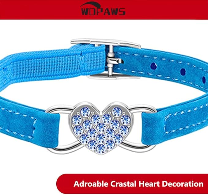 Heart Bling Cat Collar with Safety Belt and Bell Adjustable 8-10 inches for Kitten Cats (Blue)