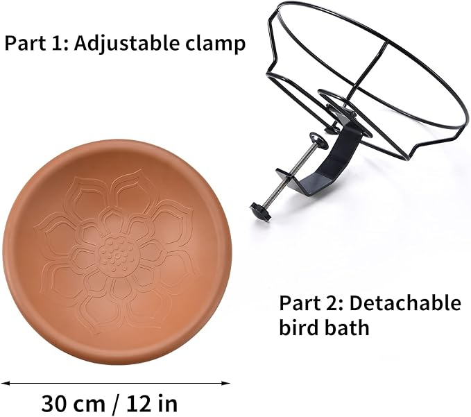 Bird Bath Deck Mounted 12 Inches, Deck Adjustable Steel Clamp 3.5 Inches, Balcony Railing Birdbaths Unheated(Brown)
