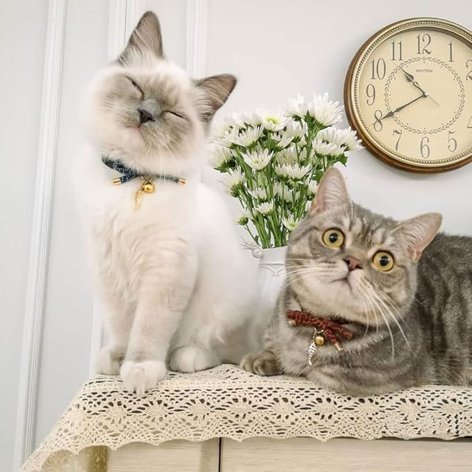 PetSoKoo Cute Bowtie Cat Collar with Bell. Japanese Stylish Bowknot & Fish Charm. Safety Breakaway, Soft, Lightweight, for Girl Boy Male Female Cats Kitten,Navy Blue