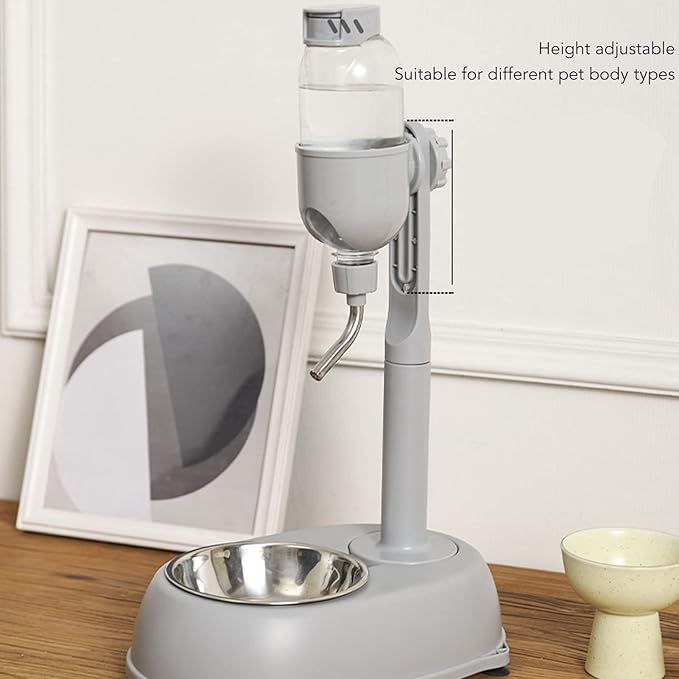 Pet Standing Water Dispenser, Multifunctional 2 in 1 Detachable Height Adjustable Pet Puppy Dog Kitten Bowl 500ml, Automatic Standing Water Feeder for Puppy Dwarf Dog Cat,Grey