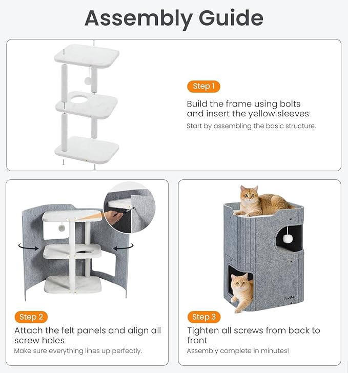 Made4Pets Cat House for Indoor Use, 2-Storey Cube Bed Cave, Covered Hideaway Condo with Scratch-Resistant Felt, Foldable Easy-to-Clean Design for Multi-Cat Homes, Marble White