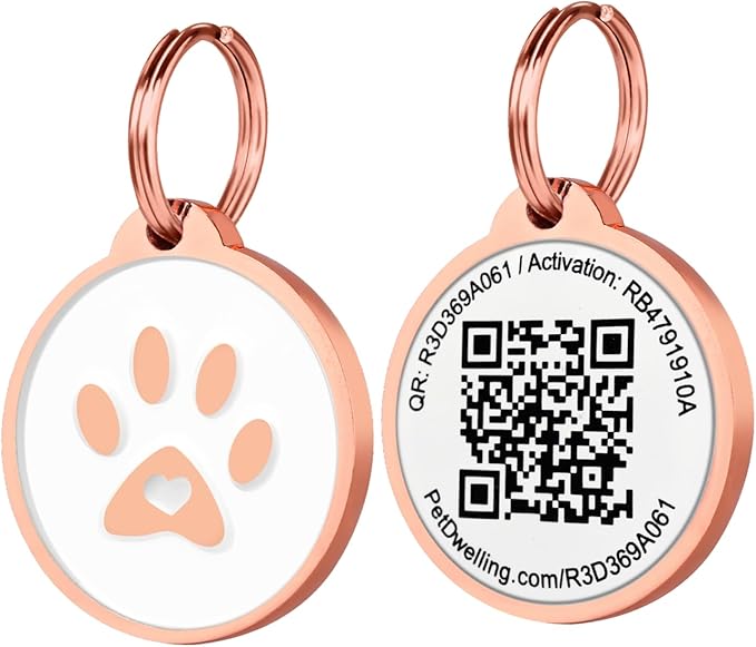 Pet Dwelling Premium QR Pet ID Tag for Dogs & Cats – Smart Pet Safety Tag with Free Online Profile, Scan Alerts with AI-Powered Insights (Lux Rose Gold White Paw)