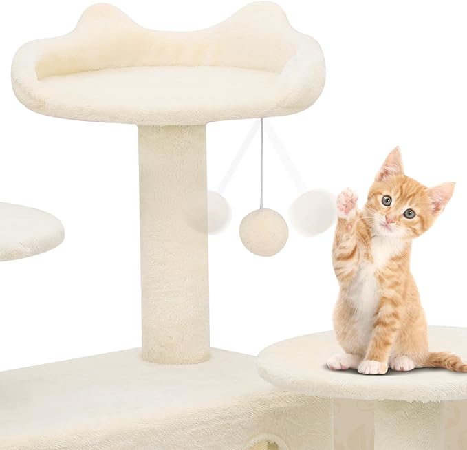 Athena Collection Cat Tree, 70 Inch Cat Tree Tower for Indoor Cats, Multi-Level Cat Tower House Activity Center with 2 Cat Condo & Scratching Post & Dangling Ball, Tall Cat Climbing Tower, Beige