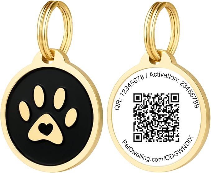 Pet Dwelling QR Code Pet ID Tag – Smart Dog & Cat ID Tags for Pet Safety, Free Personalized Online Profile, Instant Scan Alerts, AI Insights (Lux Gold Black Paw)