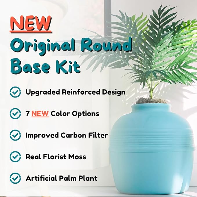 Good Pet Stuff Hidden Litter Box Planter, Decorative Cat Litter Enclosure with Carbon Filter, Artificial Plant, Easy Clean, Improved Design, Round Style, Base Kit, Coastal Blue