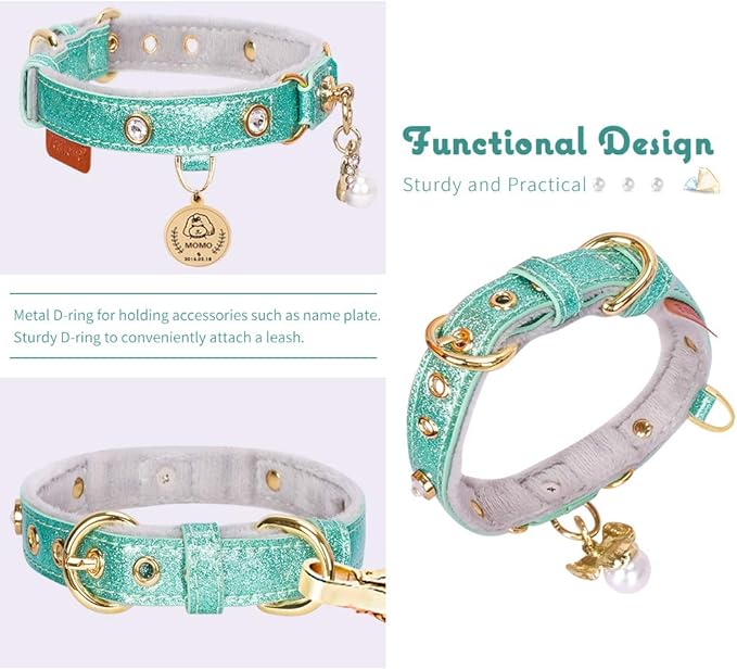 PetsHome Cat Collar, Dog Collar, [Bling Rhinestones] PU Leather Adjustable Pet Collar with Luxury Pendant for Cat and Small Dog Extra Small Mint Green