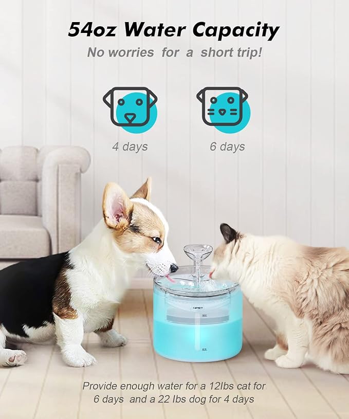 NPET WF100 Cat Foutain, 54oz/1.6L Automatic Pet Water Fountain Dog Water Dispenser with 2 Flow Modes, Bottom Suction LED Light Quiet Pump for for Cats & Small Dogs