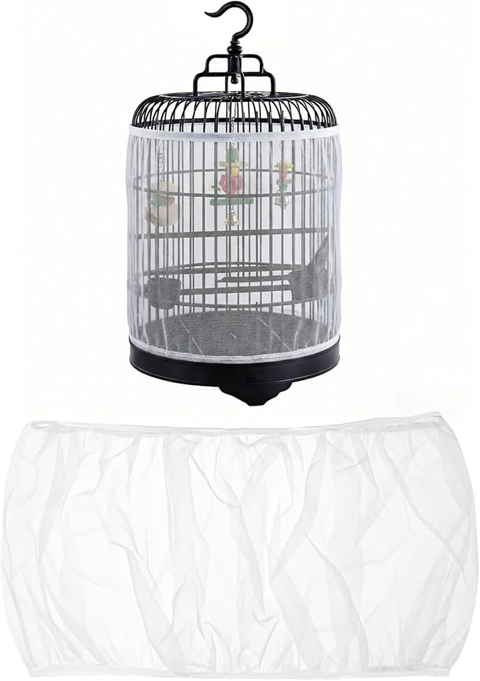 2 Pcs Bird Cage Seed Catcher, Adjustable Bird Cage Net Cover, Reusable Soft Nylon Cover for Parrot Enclosures (White)