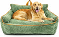 Large Orthopedic Dog Sofa Bed with Sides, Carry Handle & Side Pockets .Plush Chenille Orthopedic Pet Bed Couch for Large Dogs.Portable Snuggler for Indoor Use, Travel & Recovery (Green)