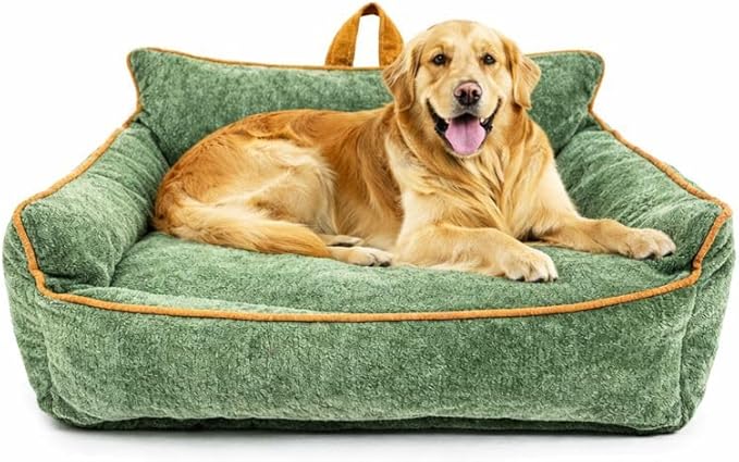 Large Orthopedic Dog Sofa Bed with Sides, Carry Handle & Side Pockets .Plush Chenille Orthopedic Pet Bed Couch for Large Dogs.Portable Snuggler for Indoor Use, Travel & Recovery (Green)