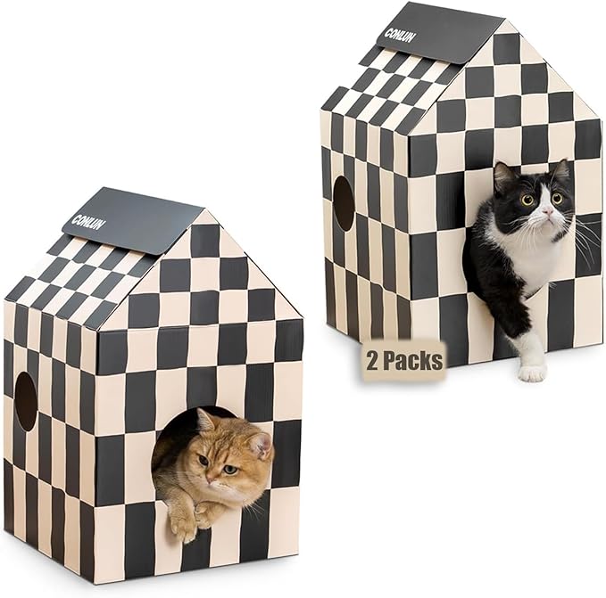 Cardboard Cat House with Scratch Pad & Catnip, Cat Play Scratching House for Indoor Hideaway Furniture, Heavy Duty Sturdy Cardboard Scratcher, Easy to Assemble Birthday Gift, Medium, 2 Pack