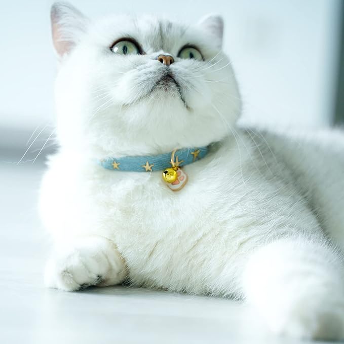 2 Pack Denim Breakaway Cat Collars with Bell Cat Paw Pendant Kitty Kitten Collars Blue Collar for Female Girl Cats Male Boy Cats Star Print