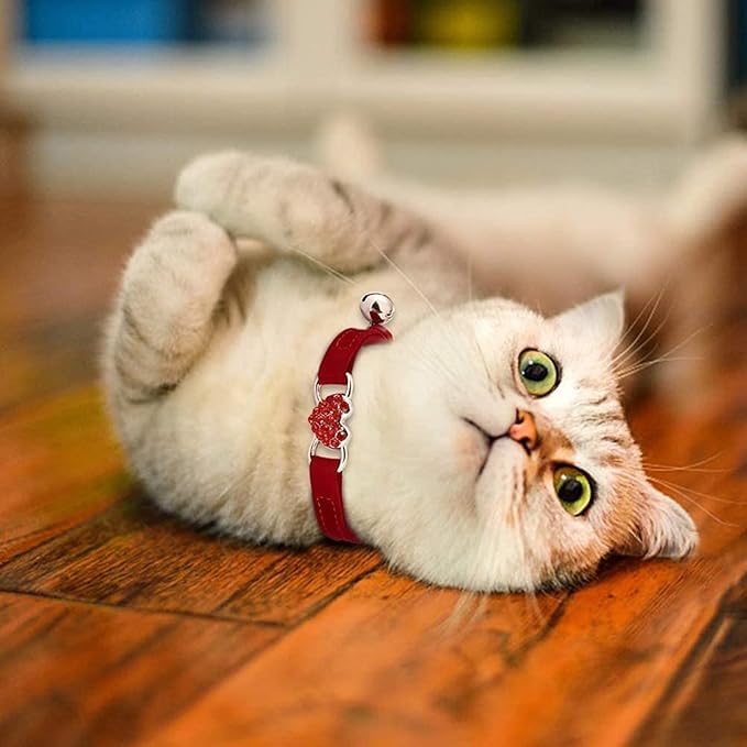 Heart Bling Cat Collar with Safety Belt and Bell Adjustable 8-10 inches for Kitten Cats (Red)