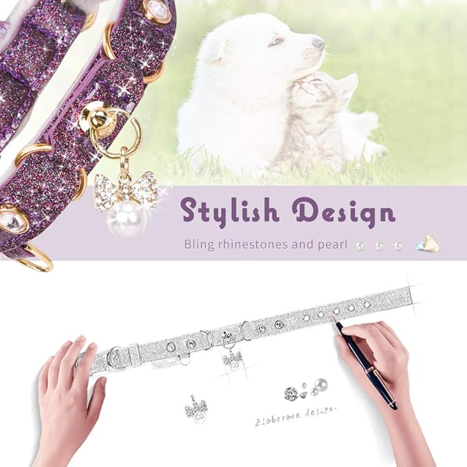 PetsHome Cat Collar, Dog Collar, [Bling Rhinestones] PU Leather Adjustable Pet Collar with Luxury Pendant for Big Cat and Small to Medium Dog Small Purple