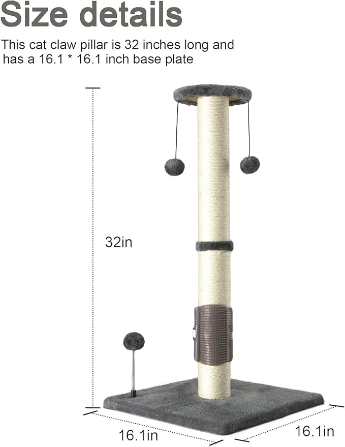 PEEKAB 32" Tall Cat Scratching Post Sisal Scratch Posts,with Hanging Ball and Self-Massage Brush Vertical Scratcher for Indoor Cats and Kittens Gray 32inches