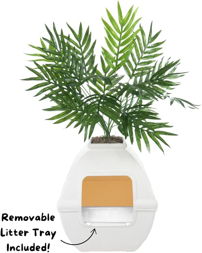 Good Pet Stuff Hidden Litter Box Planter, Decorative Cat Litter Enclosure with Carbon Filter, Artificial Plant, Easy Clean, Indoor Design, Courtyard Square Style, Essentials Kit, White Birch