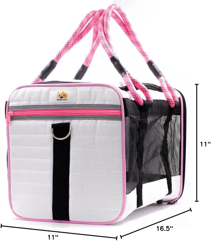 Buddy's Best Airline Approved Pet Carrier – White & Pink Heavy Duty, Fits Under Seat, TSA Compliant, Ventilated Mesh Design w/Waterproof Base & Reflective Safety Strips