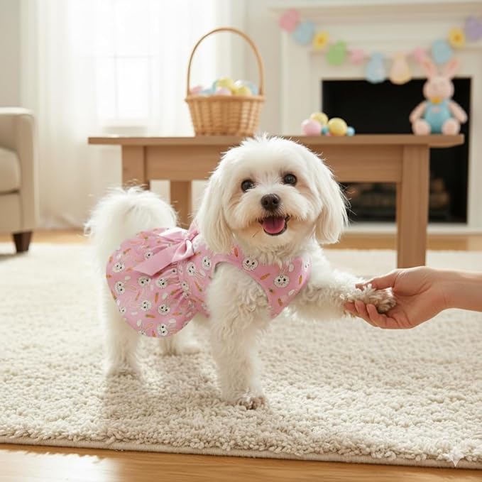 Easter Dog Dress with Pink Bunny Print, Cute Spring Pet Skirt for Small Dogs and Puppies, Soft Comfortable Outfit for Holiday
