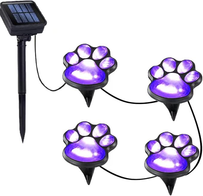 Paw Print Solar Lights - Outdoor Garden Decoration Waterproof, Cat Dog Animal Outdoor Garden (Set of 4), Grave Memorial Gifts, Gifts for Cat Dog Lovers (Purple Lights)