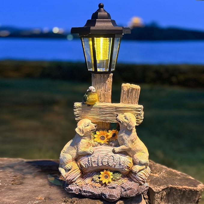Outside Dog Statue with Solar Lantern, Garden Welcome Sign Dog Solar Figurines Light, Patio Outdoor Decoration, Balcony Lawn Decor, Unique Birthday House Warming Gift for Women, Mom, Grandma