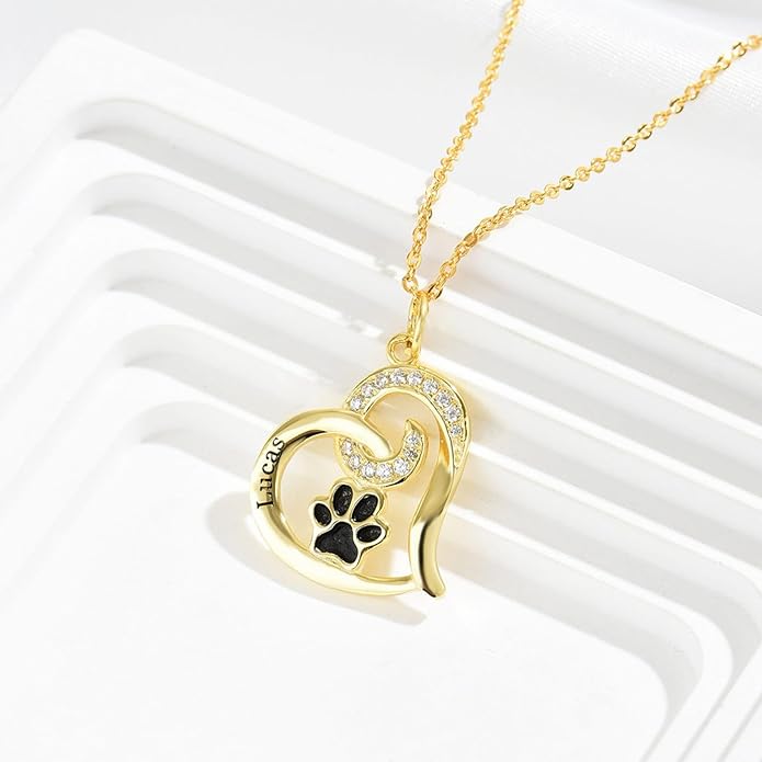 Personalized Cute Dog Cat Paw Name Necklace Forever Love Custom Heart Pendant Pet Name Necklace Gift for Pet Lovers