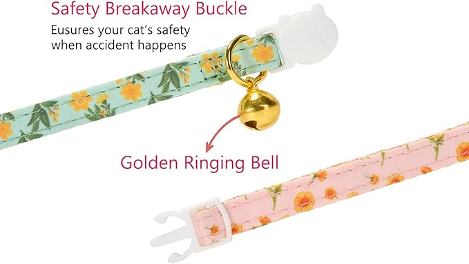 2 Pack Floral Cat Collars with Bow Tie and Bell Adjustable Breakaway Bowtie Cute Kitten Collar(Green & Yellow Flowers)