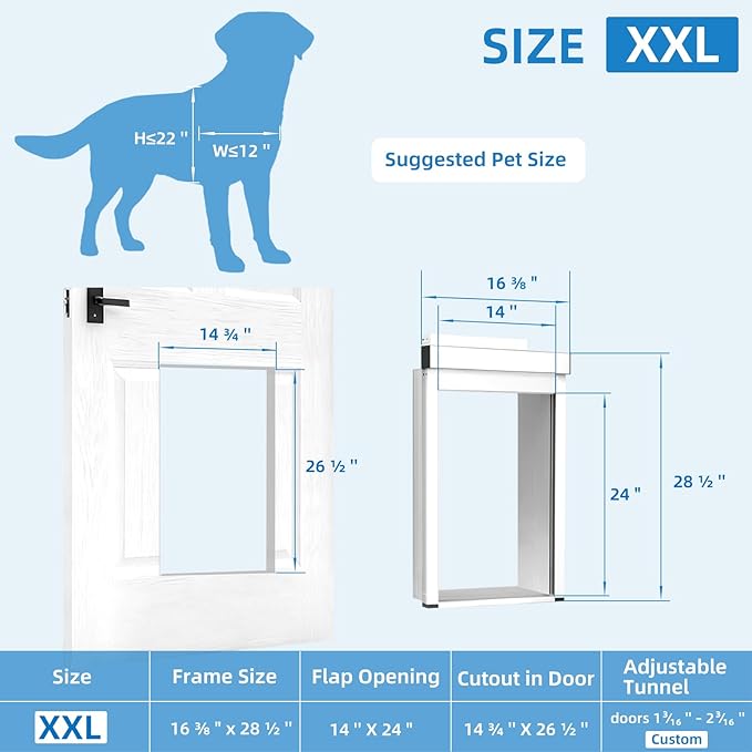 Extra-Large Electronic Dog Door,Pet Automatic Door Smart Aluminum Dog Door with Doorbell Activated Auto Lift, Lockable Weatherproof Telescoping Tunnel for Pets (XXL)