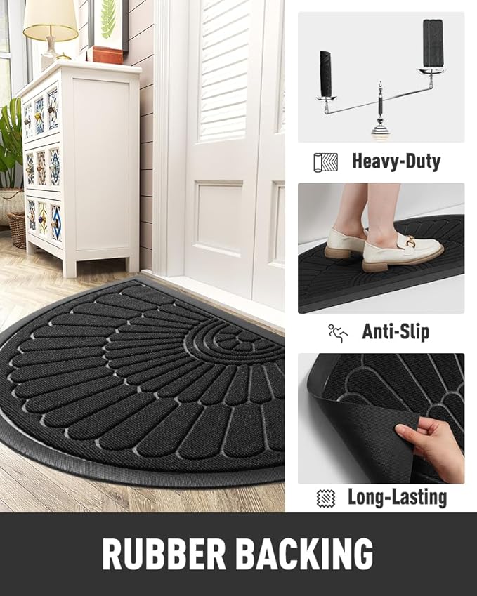 tchdio Door Mat Outdoor Indoor Entrance Doormat-Semicircular Durable Rubber Non Slip Front Door Mat for Outside Inside Entry Entryway Dirt Trapper WelcomeMat for Muddy Paws and Shoes-Black 24”x36”