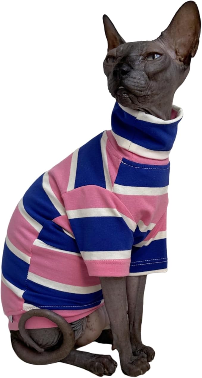 Vintage Stripes Sphynx Hairless Cats Shirt Cotton Cat Turtleneck Pet Clothes Kitten T-Shirts with Sleeves for Sphynx Cats (Wide Pink Blue Stripe, Medium)