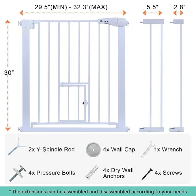 COMOMY Auto Close Baby Gate with Cat Door, 29.5"-40.5" Extra Wide Dog Gate for House Doorways Stairs, Pressure Mounted Easy Walk Thru Pet Gate, Includes 4 Wall Cups and 2 Extension Pieces, White