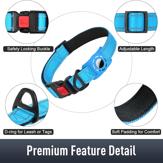 Airtag Dog Collar with AirTag Holder for Medium Dogs, Reflective, Soft Padded & Safety Locking Buckle, Nylon Pet Collars Adjustable for All Breeds, SkyBlue,M