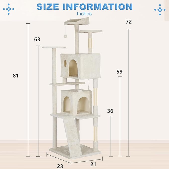 FDW | 81" Cat Tree Tower | Beige | Multi-Level Indoor Activity Center with Sisal Scratching Posts, Condos, Plush Perches, Hanging Cat Toys | Sturdy, Easy to Assemble | for Kittens & Adult Cats