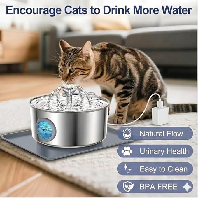 Stainless Steel Cat Water Fountain with Silicone Mat & 2 Filters, 108oz/3.2L Automatic Pet Water Dispenser for Cats Dogs, Quiet Indoor Metal Drinking Bowl, Dog Fountains, Waterer