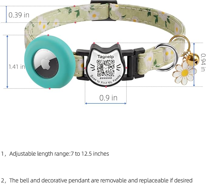 Cute Floral Breakaway Cat Collar with QR Code ID, Lightweight Cotton Safety Collar with Bell & AirTag Holder for Kittens and Cats,Pastoral Style with airtag Holder(Green)