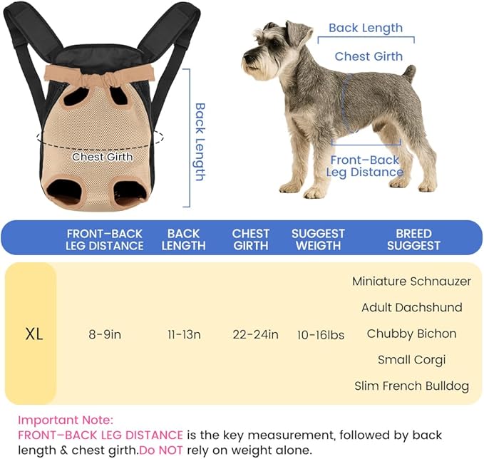 Dog Backpack Carrier, Pet Sling Front Backpack for Small Medium Dogs 10-16 Lbs, Legs Out, Adjustable Wearable Puppy Chest Travel Bag, Thick Straps & Cushion, Easy-Fit for Hiking/Walking/Camping