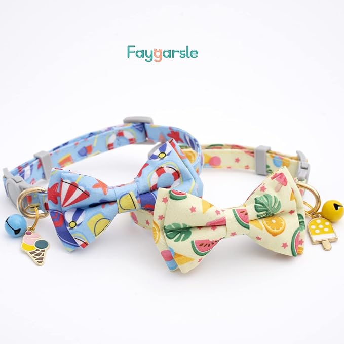 Faygarsle 2 Pack Cute Cat Collar with Bell Breakaway Bowtie for Male Female Cats Soft Fancy Blue Yellow with Ice Cream Sea Pattern Summer Cat Collar for Boy Girl Cats