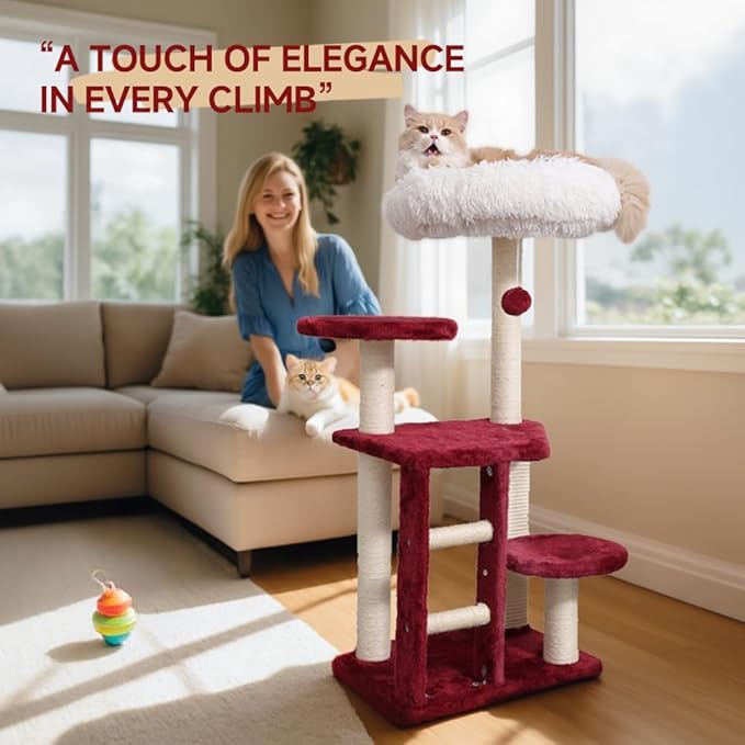 Cat Tree, 37.4-Inch Cat Tower with Plush Cozy Perch for Indoor Cats, Sturdy Tower with Fully Sisal-Wrapped Columns and Plush Toy Ball for Kitty Play, Red