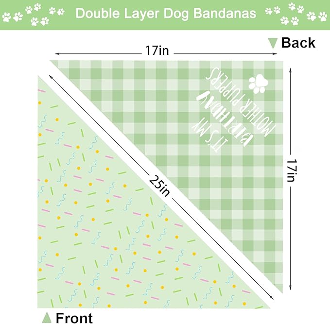 Birthday Dog Bandanas, Double Side All 4 Patterns Reversible Large Pet Bandanas 2 Pack, Celebration Set, Plaid Adjustable Triangle Holiday Pink Green Scarves for Dogs Girl Boy Pets