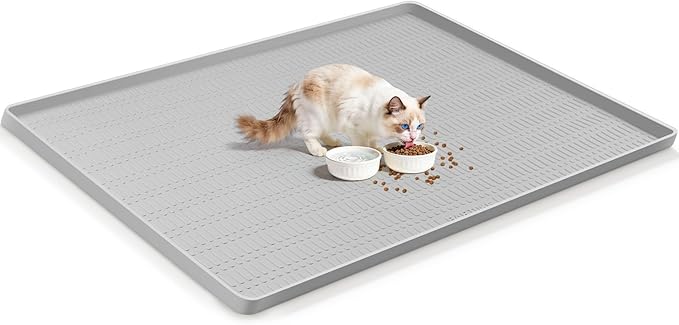 47" x 35" Silicone Cat Food Mat, Waterproof Pet Feeding Mat with Raised Edge, Extra Large Cat Bowl Mat Water Bowl Placemats for Cats, Non-Slip, Protects Floors, Easy to Clean (Light Gray)