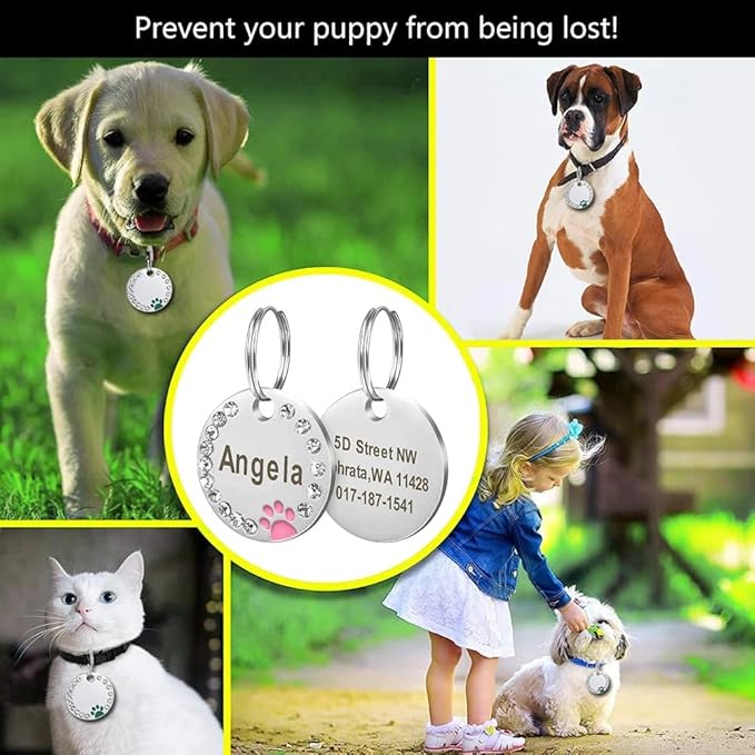 Personalized Dog/Cat Cute Paw Pet ID Tag for Pet Collar or Key Chain - Custom Laser Engraved Unique Dog/cat Name tag with Phone Number (Red, Crystals Round-Small)