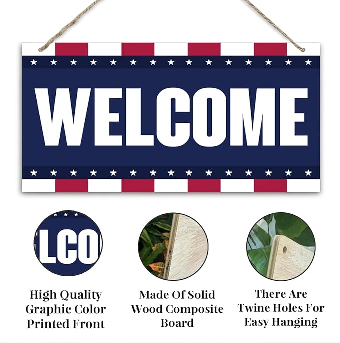 Welcome Sign for Front Door, Welcome Decor Wooden Hanging Sign, Patriotic American Theme Wall Hanging Decor, Funny Wooden Outdoor Front Door Decoration 13.8X6.9 inches