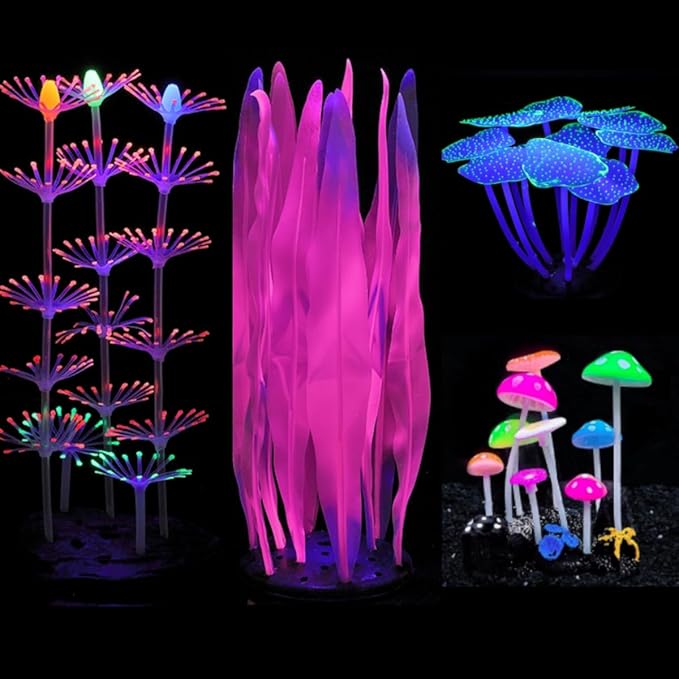 Lpraer 4 Pack Glow Aquarium Decorations Branch Coral Reef Mushroom Seaweed Simulation Glow Plant Glowing Effect Silicone for Fish Tank Decorations